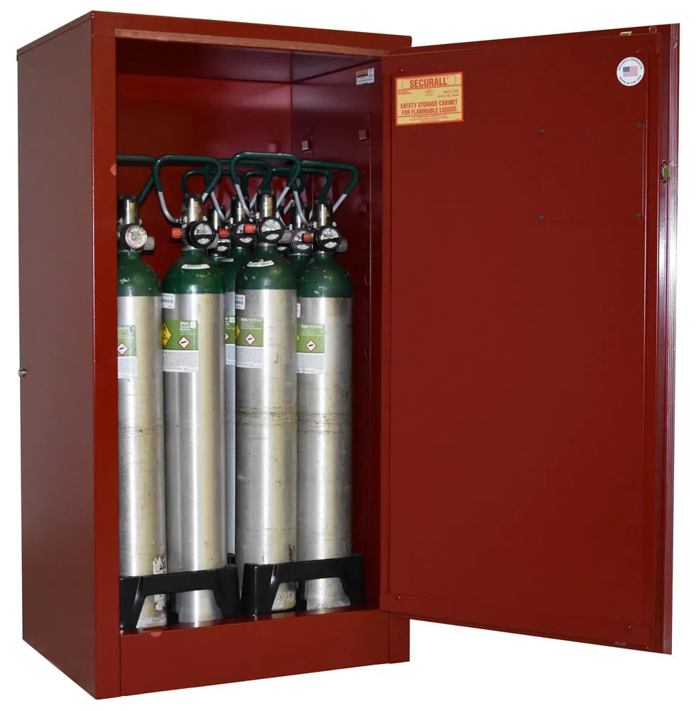 MG109FLE - Self-Latch Standard Door - 12 D,E Oxygen Cylinders Storage Cabinet , Fire Lined, Color Red