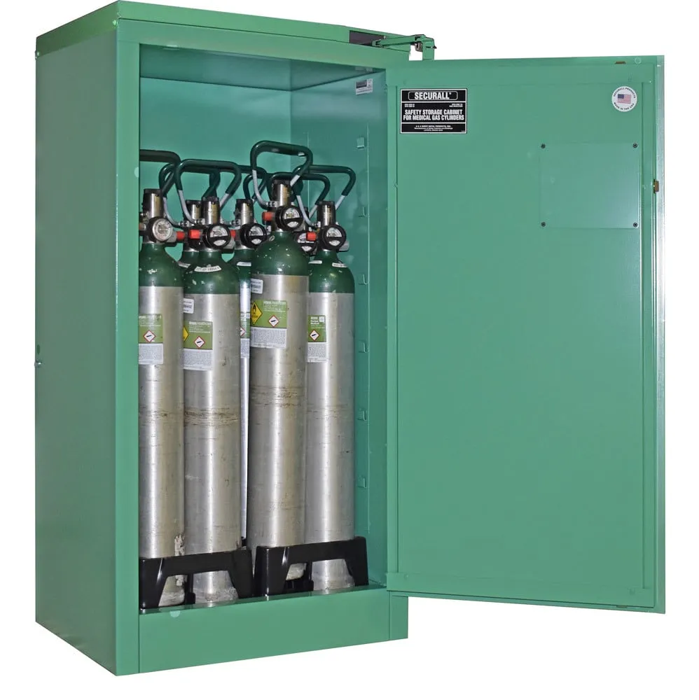 MG309 - Self-Close - Self Latch Safe-T-Door - 12 D,E Oxygen Cylinders Storage Cabinet , Color Green
