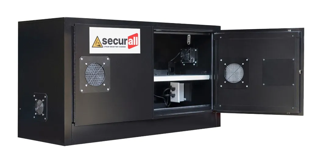 Li118 - Lithium-Ion Battery Charging Cabinet, Self-Latch Standard 2-Door, 1 Shelf
