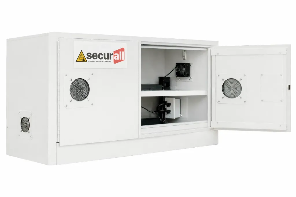 Li118 White - Lithium-Ion Battery Charging Cabinet, Self-Latch Standard 2-Door, 1 Shelf