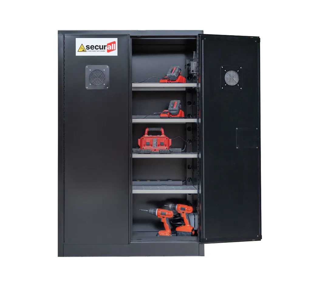 Li145 - Lithium-Ion Battery Charging Cabinet, Self-Latch Standard 2-Door, 4 Shelves