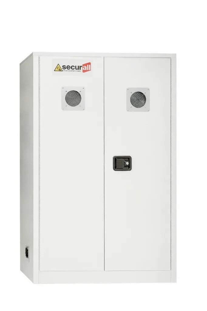 Li145 White- Lithium-Ion Battery Charging Cabinet, Self-Latch Standard 2-Door, 4 Shelves