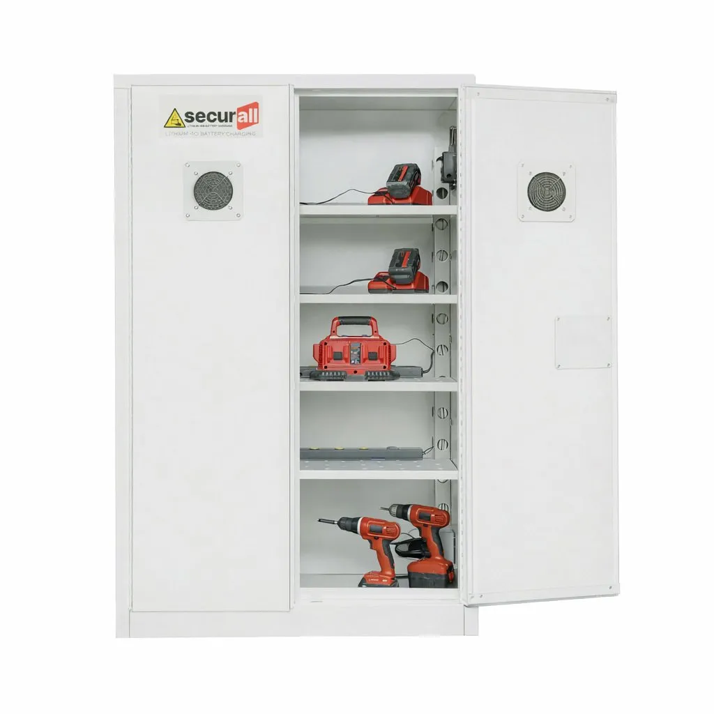 Li145 White- Lithium-Ion Battery Charging Cabinet, Self-Latch Standard 2-Door, 4 Shelves
