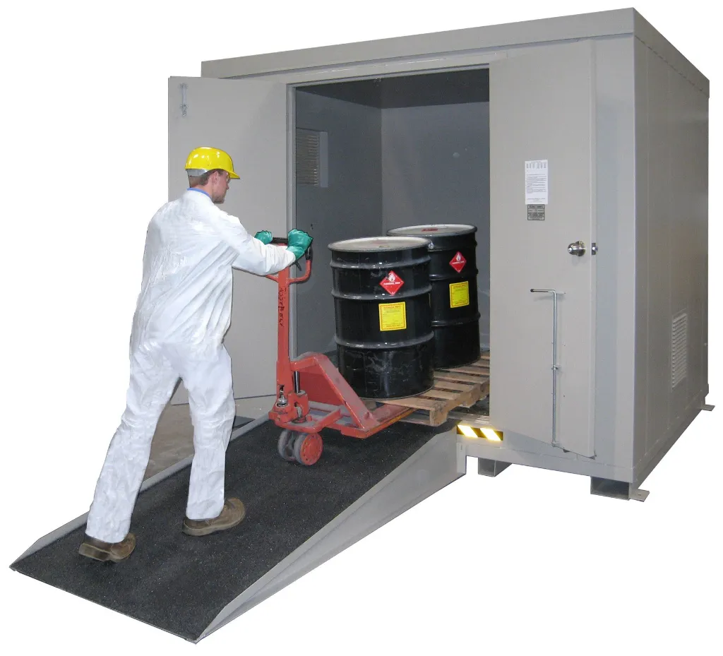 B1600 - Hazmat Locker, Sump Capacity: 272 Gal. to hold (16) - 55 Gal. Drums